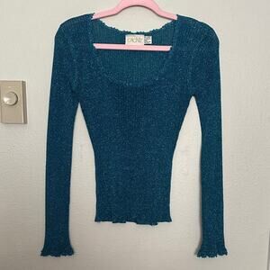 Cache Teal Glitter Knit Top Beaded Scoop Neck